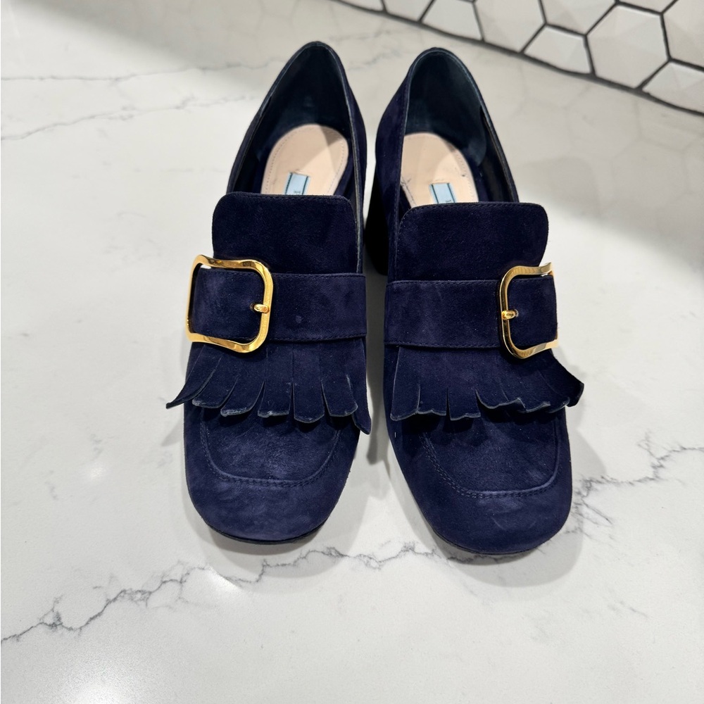 Prada Navy Suede Block Heel Loafers